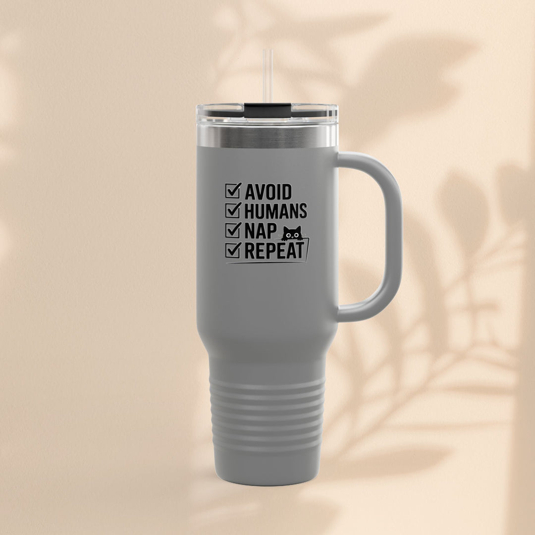 Funny Insulated Travel Mug - Avoid Humans Nap Repeat - 40oz, Coffee Cup, Gift for Introverts, Travel Mug, Holiday Present