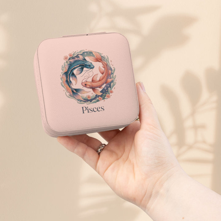 Pisces Zodiac Jewelry Travel Case — Compact Pink Ring & Earring Organizer