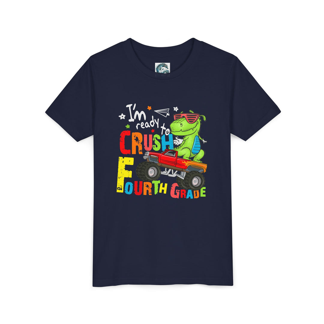 Youth Dinosaur Truck Tee Fourth Grade - Fun, Playful Kids Shirt, Perfect for Birthdays, Summer Adventures, Dinosaur Fans, Everyday Wear