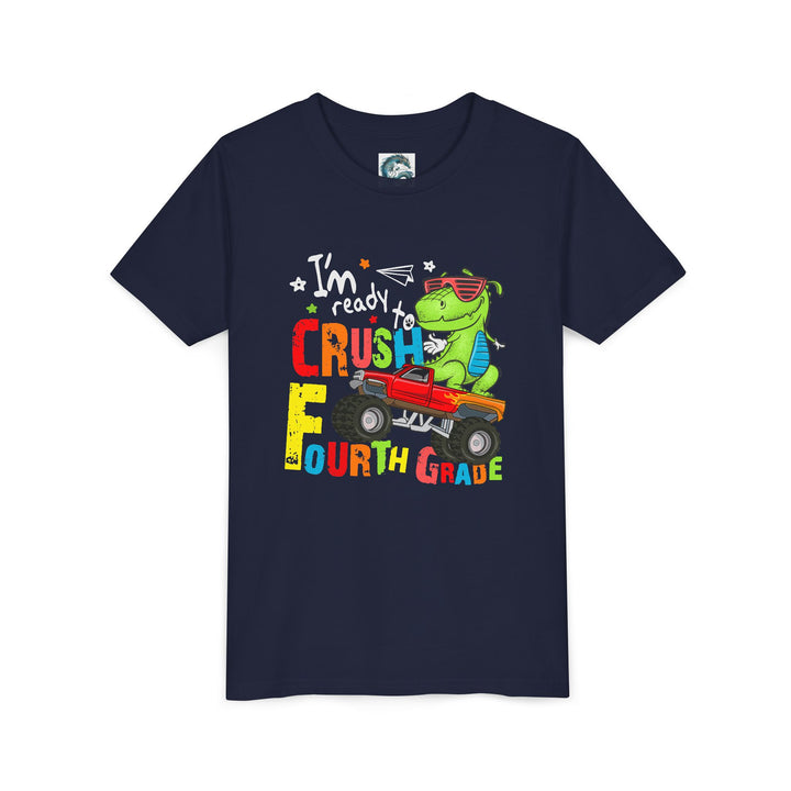 Youth Dinosaur Truck Tee Fourth Grade - Fun, Playful Kids Shirt, Perfect for Birthdays, Summer Adventures, Dinosaur Fans, Everyday Wear