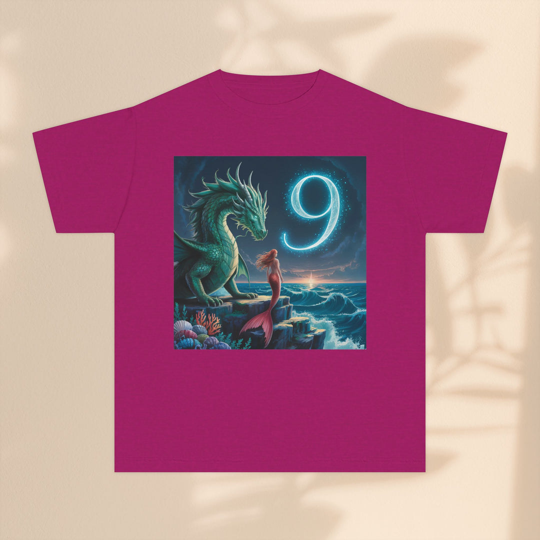 Age 9 Youth Midweight Tee featuring Magical Dragon and Number 9, Kids T-Shirt, Fantasy Apparel, Gift for Young Dreamers, Birthday Celebration Tee
