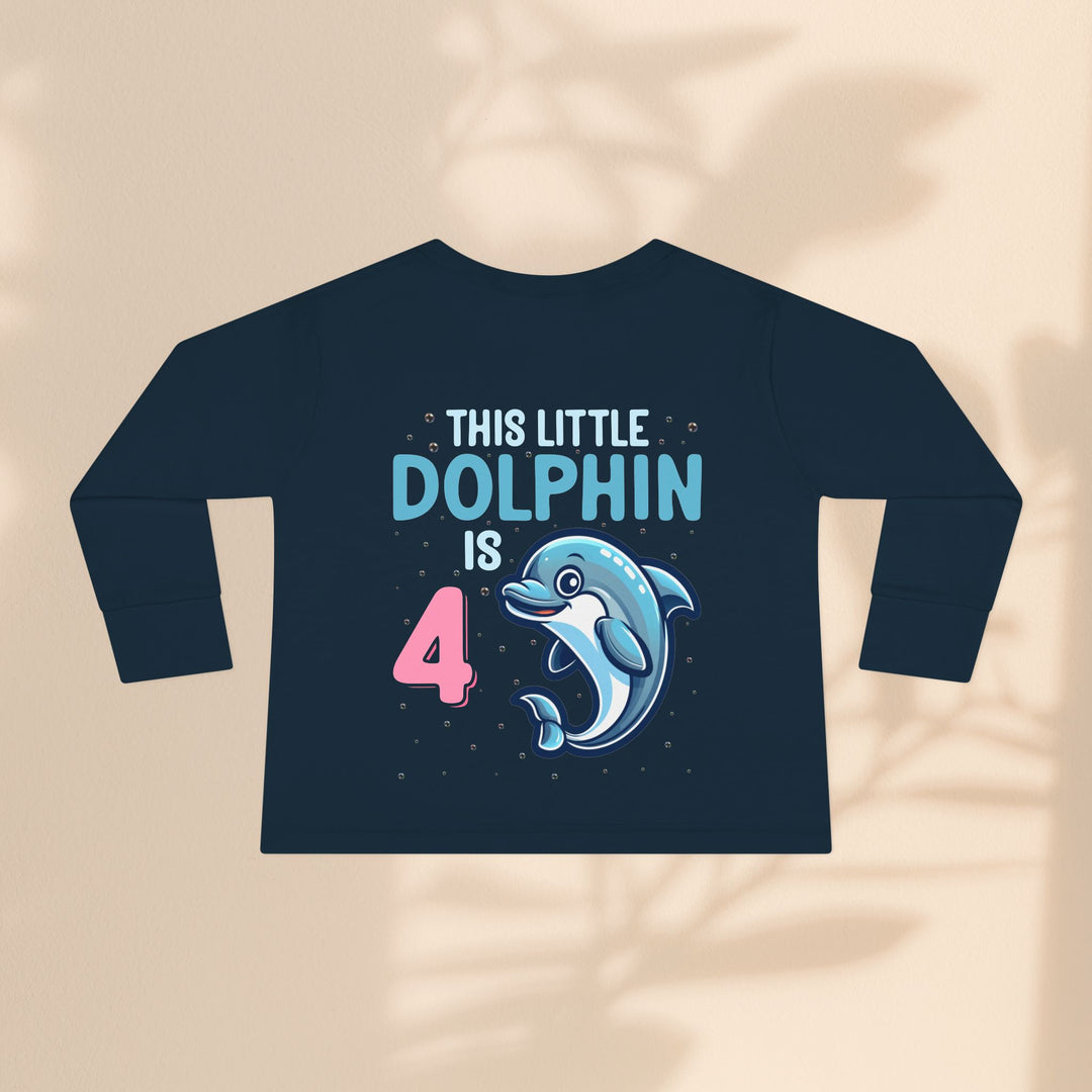 Dolphin Birthday Tee for 4-Year-Olds, Cute Dolphin Birthday Tee for Kids, Toddler Long Sleeve, 4th Birthday Gift, Ocean-Themed Shirt