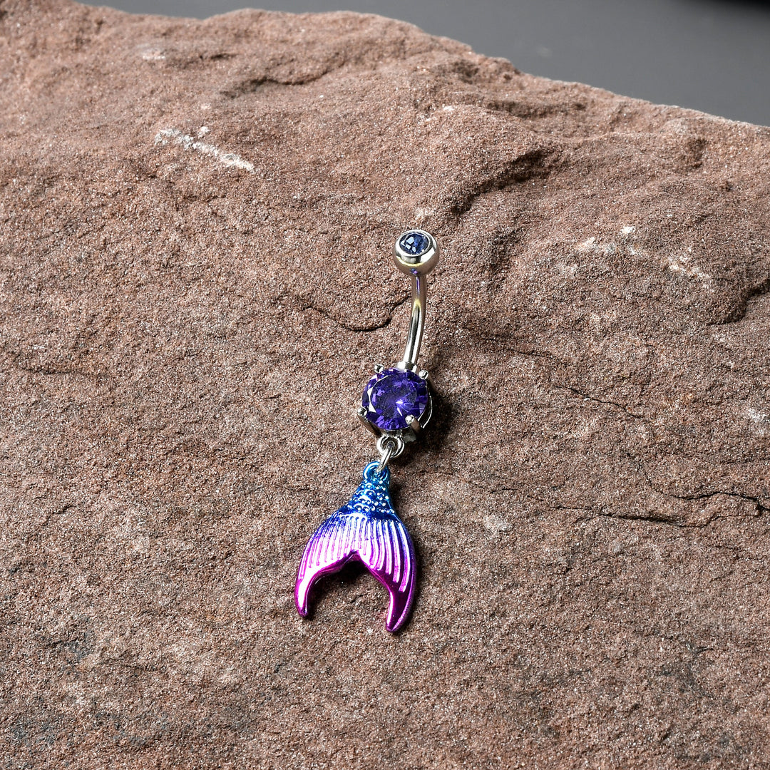 Purple Mermaid Tail Belly Ring | Pink Gem Dangle Navel Ring