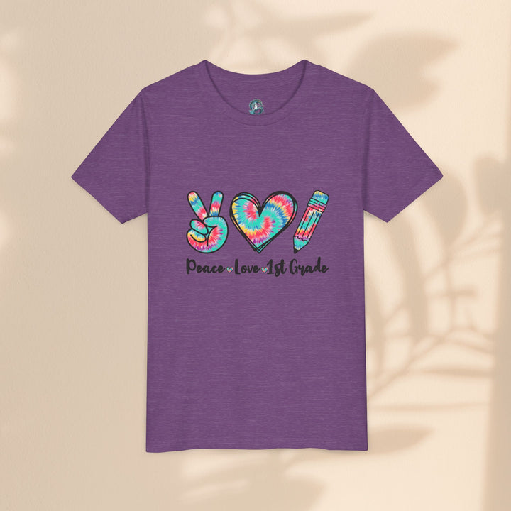 Peace Love 1st Grade Youth Tee, Tie-Dye Kids Shirt, Back to School Outfit, Child's Birthday Gift, Teacher Appreciation Gift