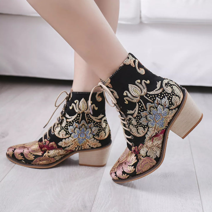 Embroidered Floral Lace-Up Ankle Boots – Vintage Boho Style