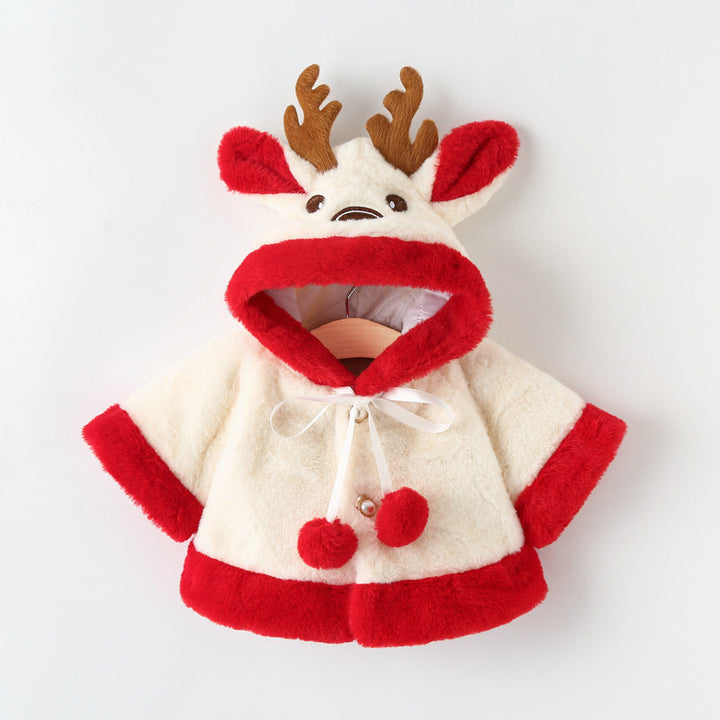 Girls’ Thick Fleece Hooded Cape – Cute Cartoon Winter Poncho