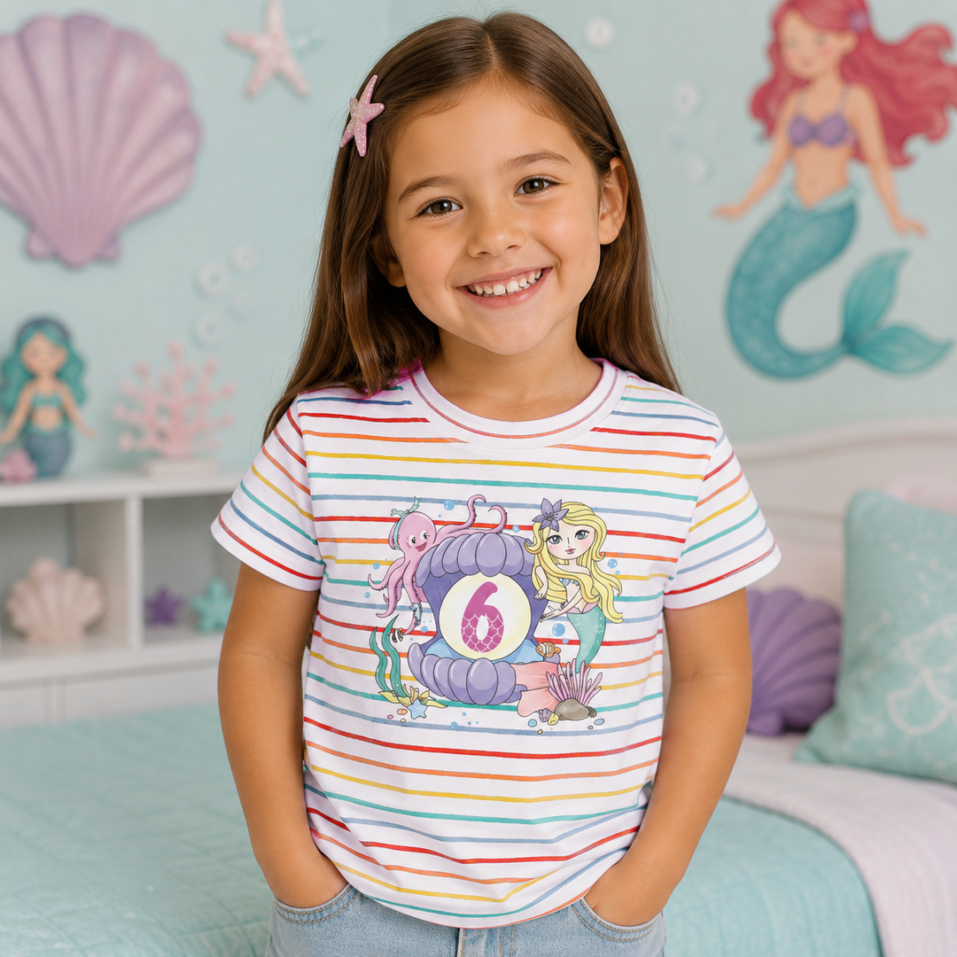 Age 6 Toddler Tee with Mermaid & Octopus Design - Birthday Celebration