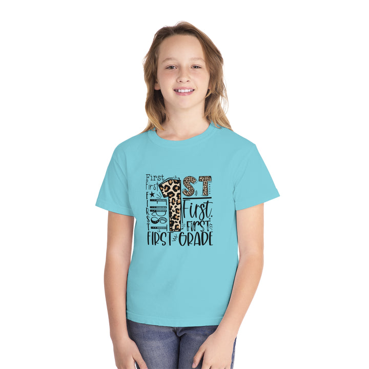 Leopard Print First Grade Youth Tee, Trendy Kids T-Shirt, Back to School Outfit, Gift for First Graders, Fun Learning Apparel