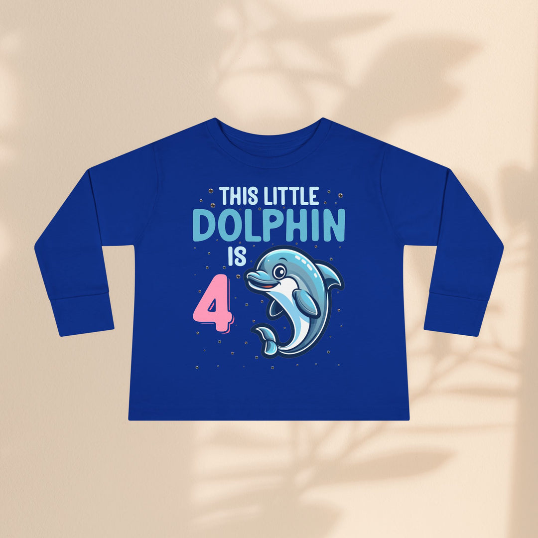 Dolphin Birthday Tee for 4-Year-Olds, Cute Dolphin Birthday Tee for Kids, Toddler Long Sleeve, 4th Birthday Gift, Ocean-Themed Shirt