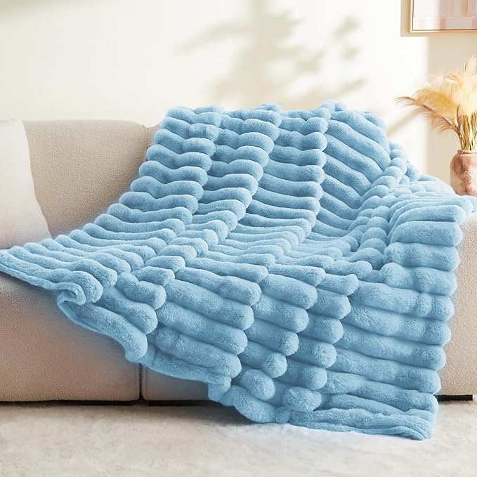Light Blue Faux Rabbit Fur Throw Blanket – 50" x 60"