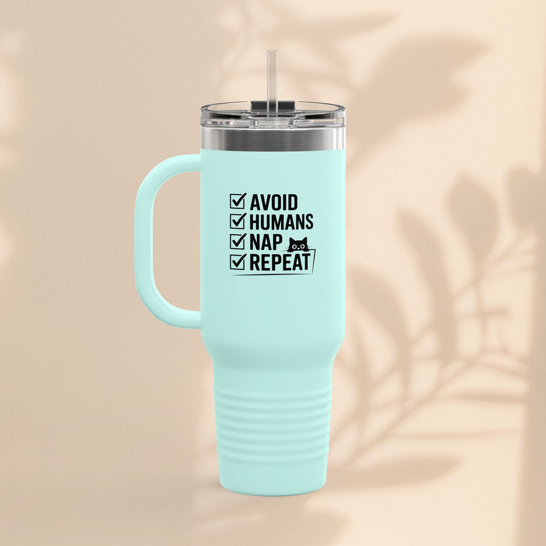 Funny Insulated Travel Mug - Avoid Humans Nap Repeat - 40oz, Coffee Cup, Gift for Introverts, Travel Mug, Holiday Present