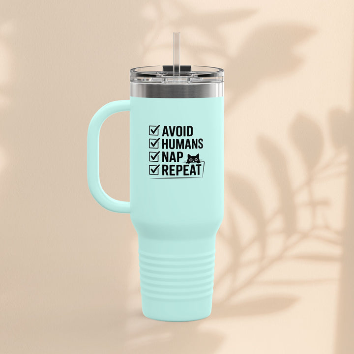 Funny Insulated Travel Mug - Avoid Humans Nap Repeat - 40oz, Coffee Cup, Gift for Introverts, Travel Mug, Holiday Present