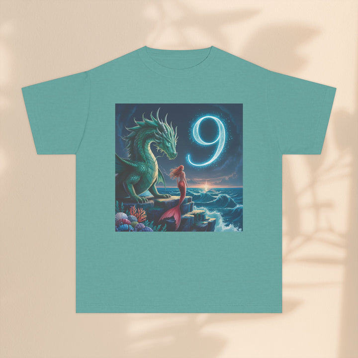 Age 9 Youth Midweight Tee featuring Magical Dragon and Number 9, Kids T-Shirt, Fantasy Apparel, Gift for Young Dreamers, Birthday Celebration Tee
