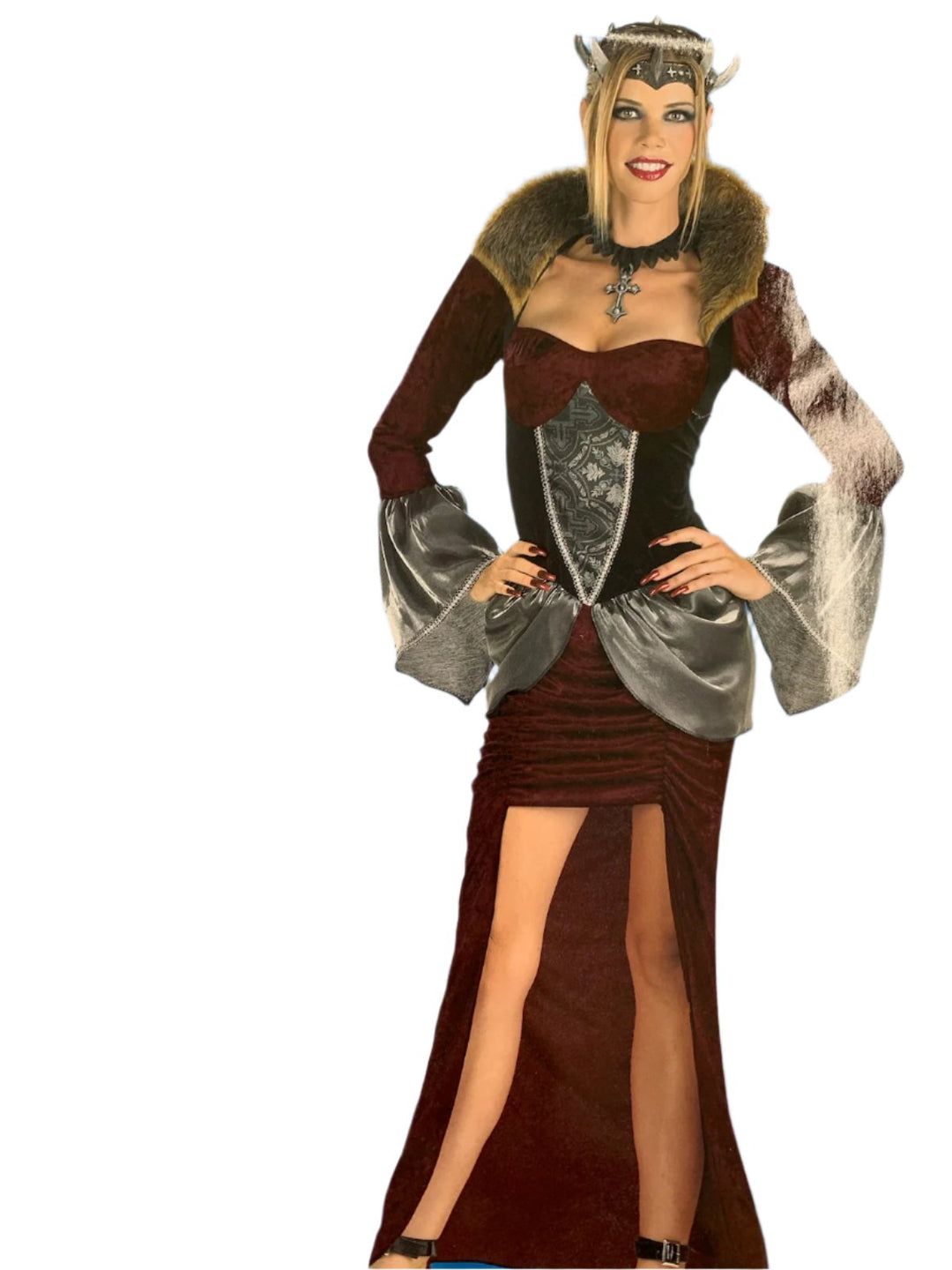Celtic Queen Costume for Women – Faux Fur Dress with Horn Crown