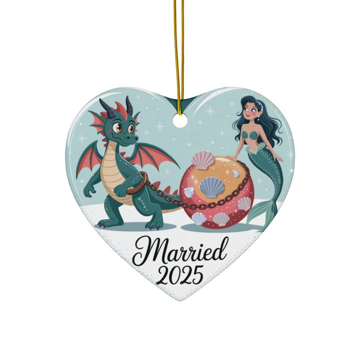 Mermaid & Dragon Married 2025 Ceramic Ornament – Fantasy Couple Christmas Keepsake