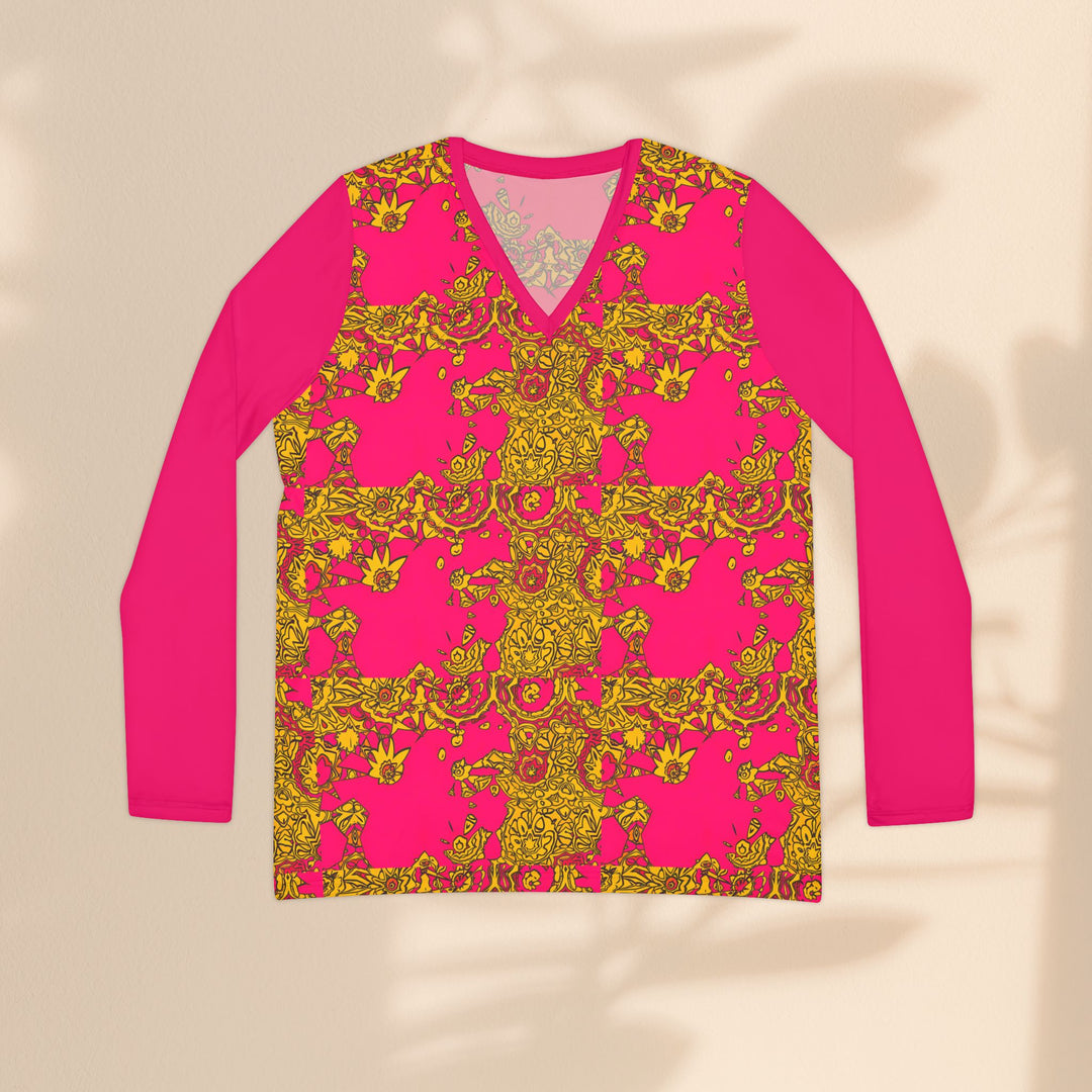 Women's Long Sleeve V-Neck Shirt — Bold Hot Pink & Gold Baroque Floral All-Over Print