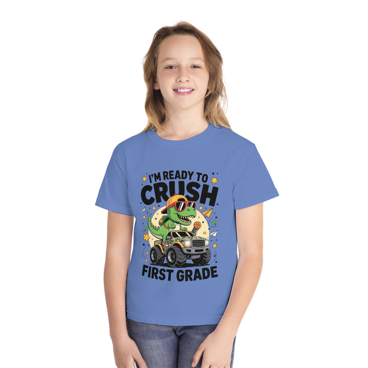 Youth Midweight Tee, Fun Dino T-Shirt, First Grade Shirt, Kids Birthday Gift, Back to School Apparel, Cute Graphic Tee, Dinosaur Print