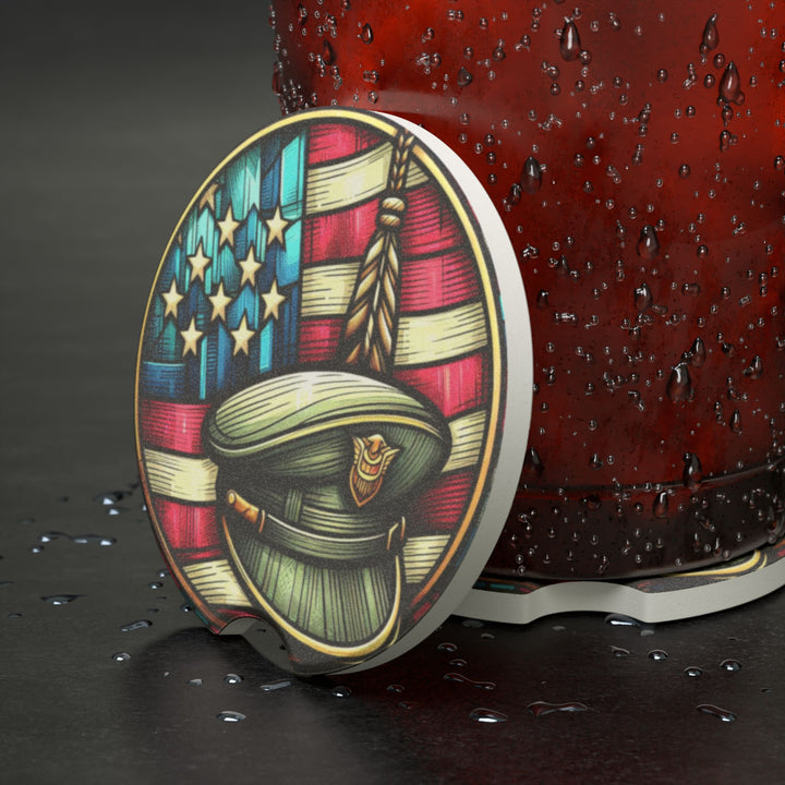Patriotic Soapstone Car Coaster - USA Flag & Military Hat Design for Veterans and Car Enthusiasts