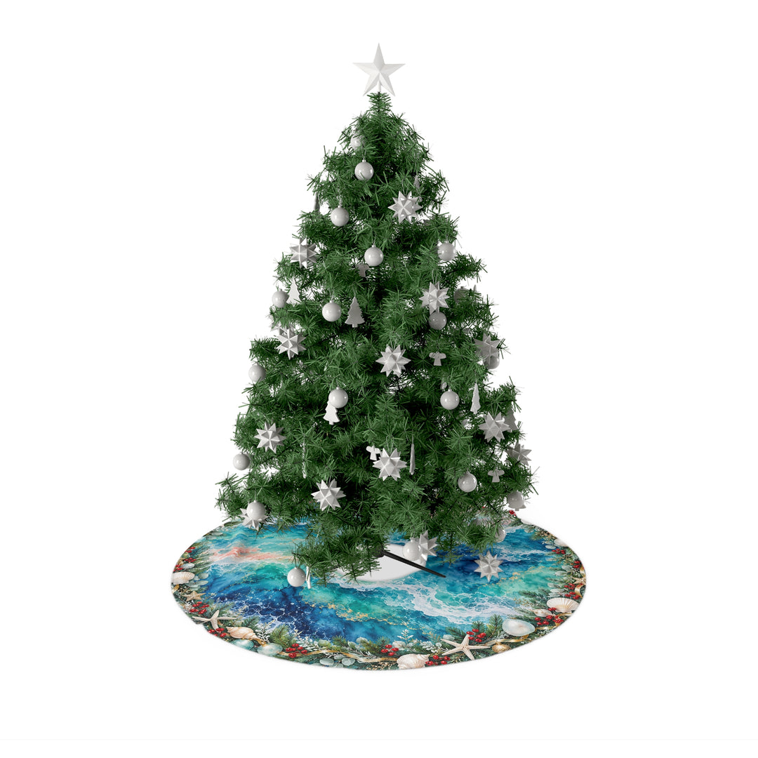 Coastal Christmas Tree Skirt with Ocean Waves, Seashells & Holiday Ornaments