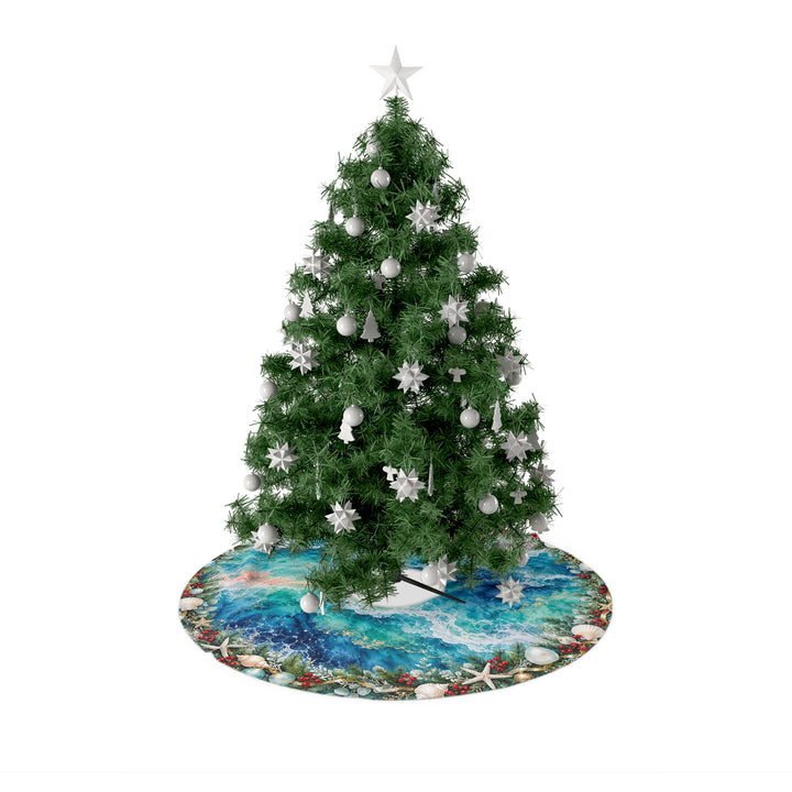 Coastal Christmas Tree Skirt with Ocean Waves, Seashells & Holiday Ornaments