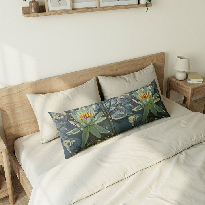 Lotus Watercolor Body Pillow — Serene Blue Floral Lumbar Support