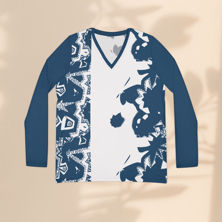 Floral Indigo V-Neck Long Sleeve Shirt — Women's Patterned V-Neck