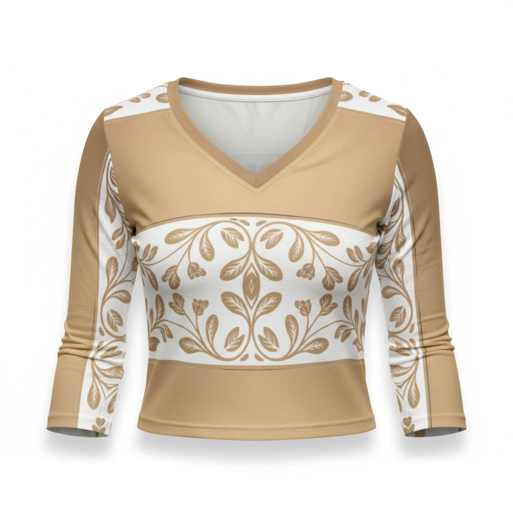 Sea Dragon Dreams V-neck long sleeve top in cream and gold with a delicate floral baroque leaf pattern on soft knit.