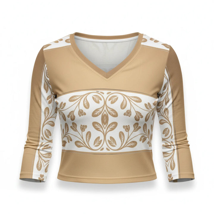 Sea Dragon Dreams V-neck long sleeve top in cream and gold with a delicate floral baroque leaf pattern on soft knit.