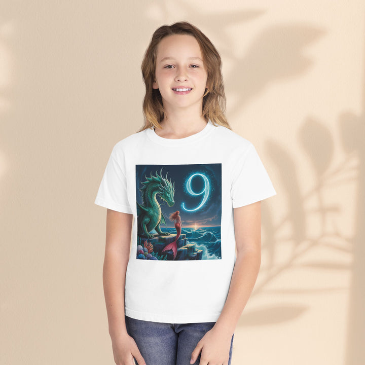 Age 9 Youth Midweight Tee featuring Magical Dragon and Number 9, Kids T-Shirt, Fantasy Apparel, Gift for Young Dreamers, Birthday Celebration Tee