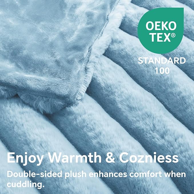 Light Blue Faux Rabbit Fur Throw Blanket – 50" x 60"