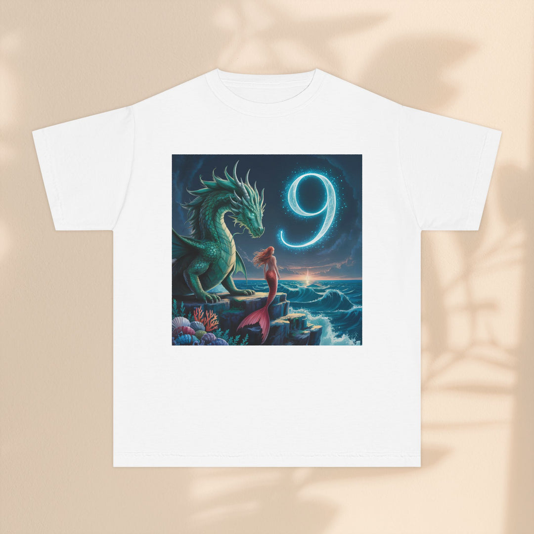 Age 9 Youth Midweight Tee featuring Magical Dragon and Number 9, Kids T-Shirt, Fantasy Apparel, Gift for Young Dreamers, Birthday Celebration Tee