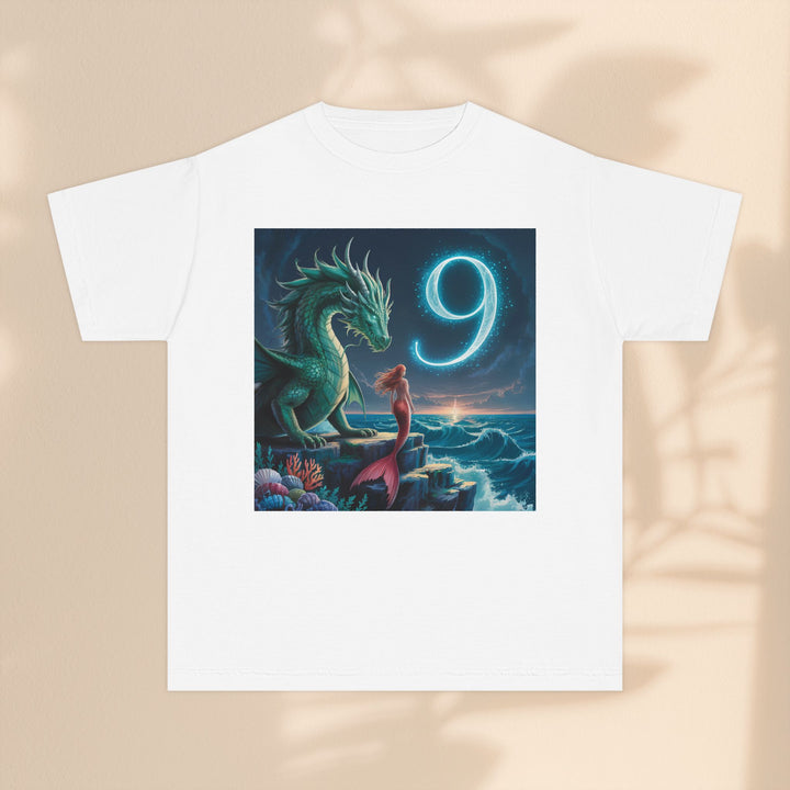 Age 9 Youth Midweight Tee featuring Magical Dragon and Number 9, Kids T-Shirt, Fantasy Apparel, Gift for Young Dreamers, Birthday Celebration Tee