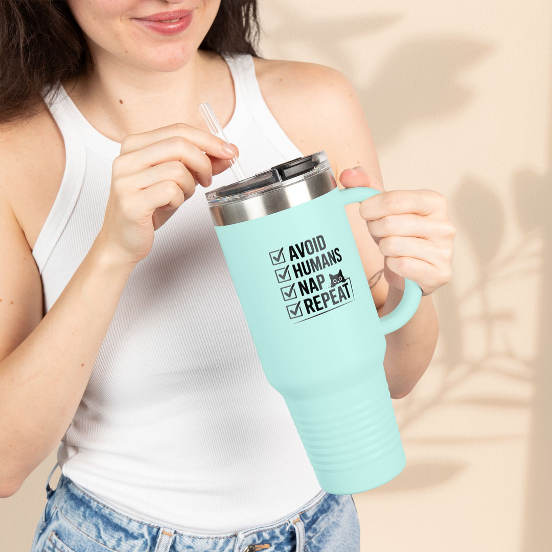Funny Insulated Travel Mug - Avoid Humans Nap Repeat - 40oz, Coffee Cup, Gift for Introverts, Travel Mug, Holiday Present
