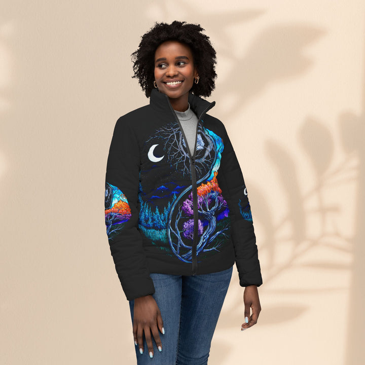 Women’s Yin Yang Puffer Jacket - Colorful Nature Embroidery