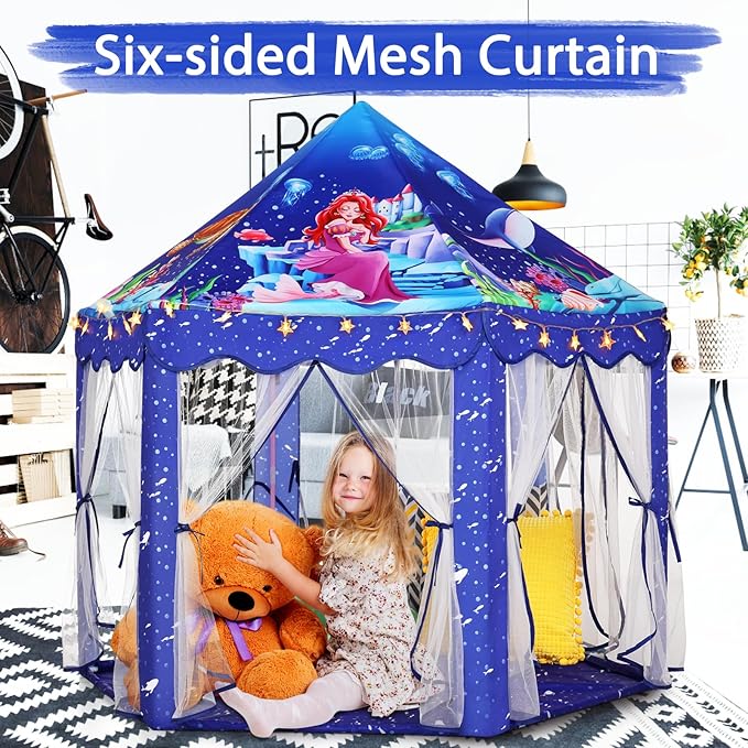 Blue Mermaid Princess Play Tent With Star Lights for Kids