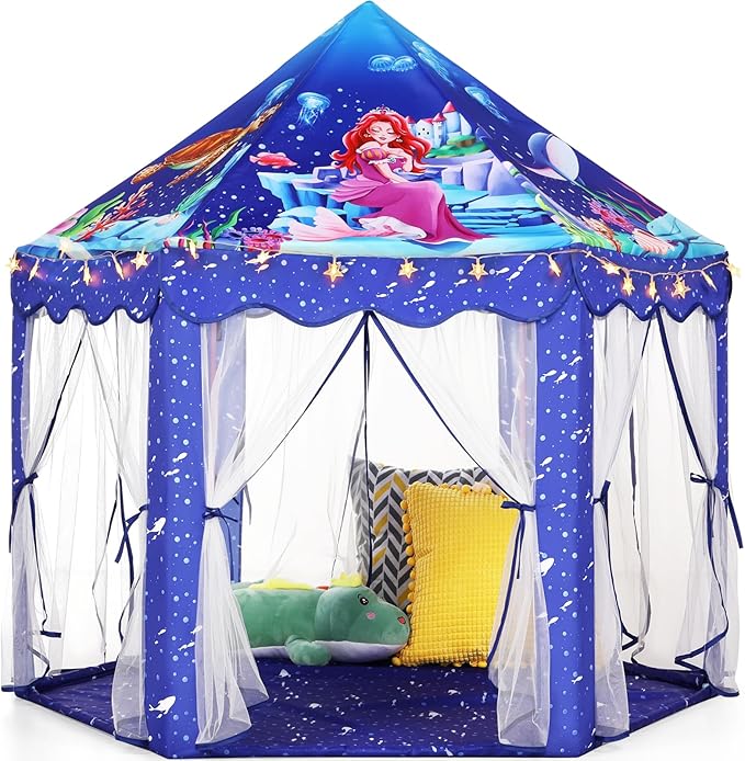 Blue Mermaid Princess Play Tent With Star Lights for Kids
