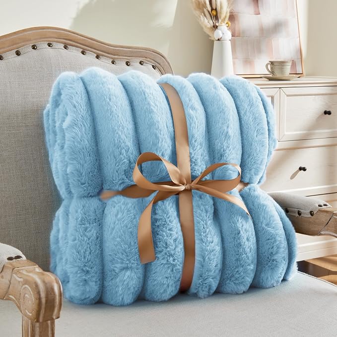 Light Blue Faux Rabbit Fur Throw Blanket – 50" x 60"