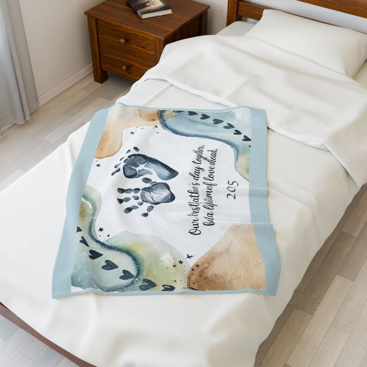 First Father's Day Velveteen Plush Blanket - Custom Handprint Design for Baby's First Year