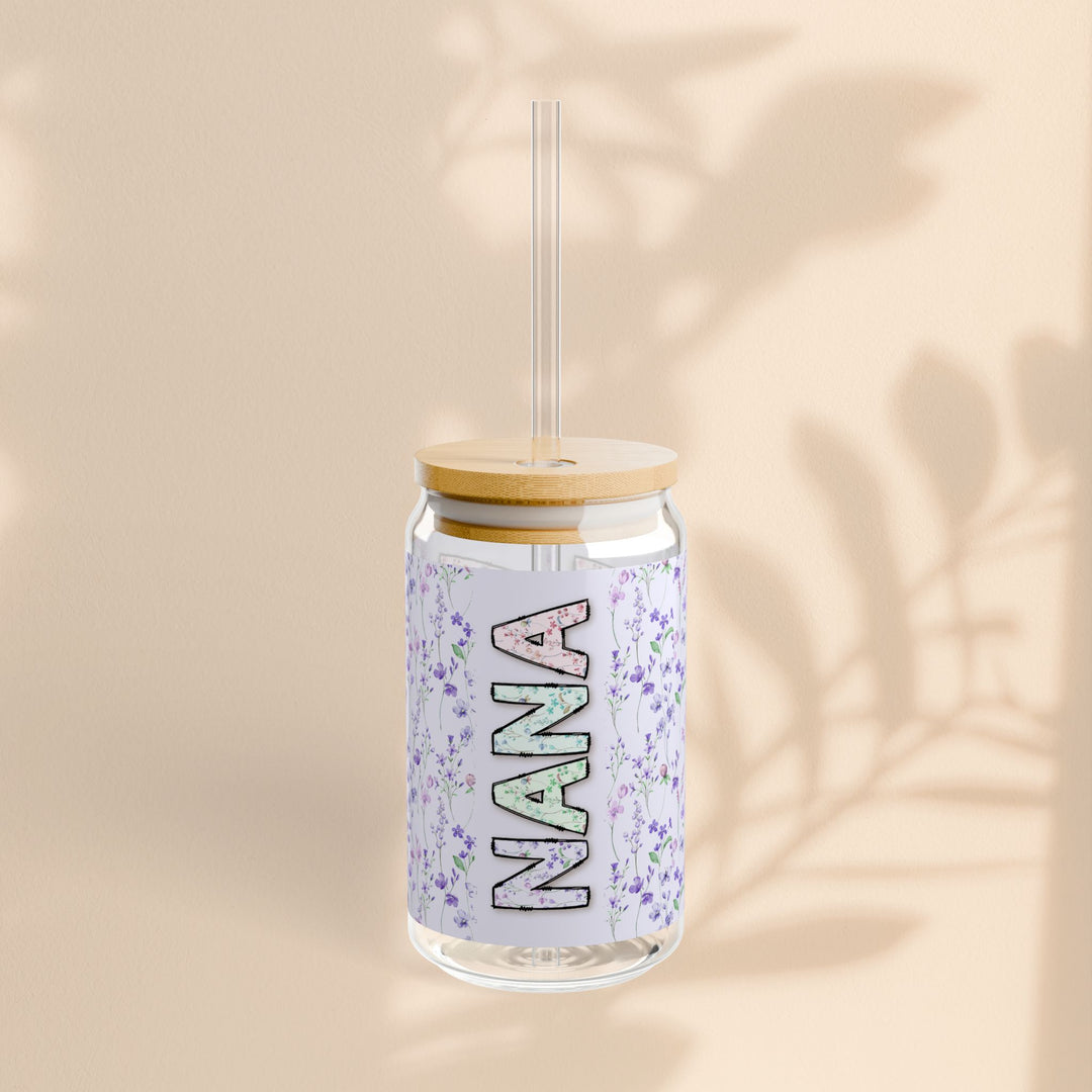 Personalized Nana Sipper Glass - 16oz Floral Design with Straw