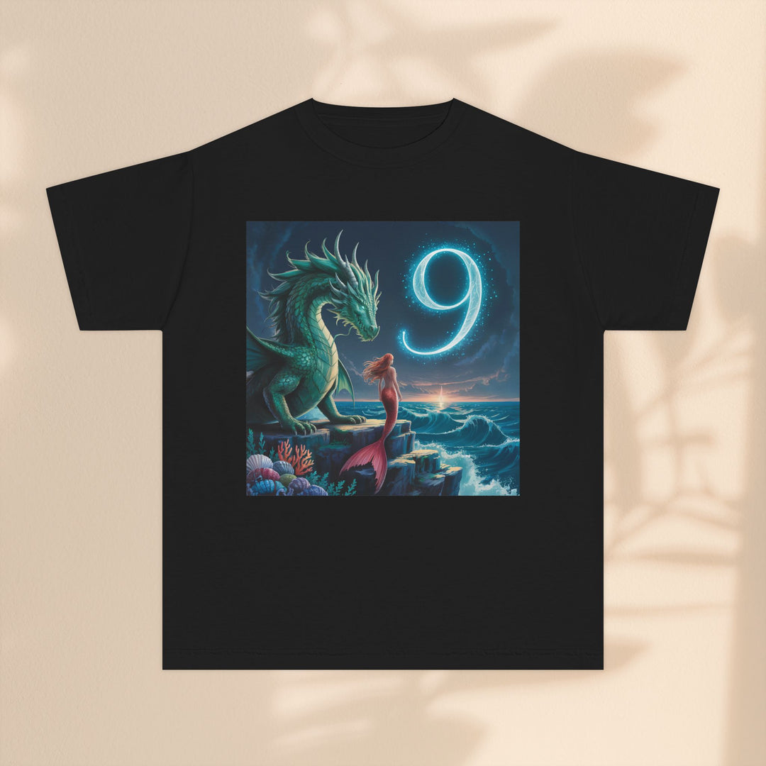 Age 9 Youth Midweight Tee featuring Magical Dragon and Number 9, Kids T-Shirt, Fantasy Apparel, Gift for Young Dreamers, Birthday Celebration Tee
