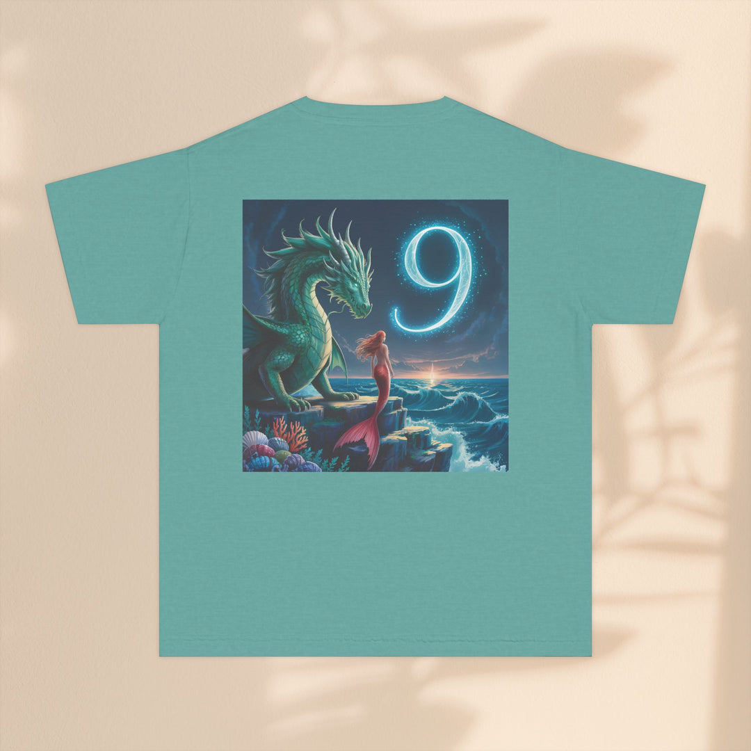 Age 9 Youth Midweight Tee featuring Magical Dragon and Number 9, Kids T-Shirt, Fantasy Apparel, Gift for Young Dreamers, Birthday Celebration Tee