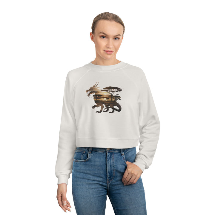 Double Exposure Dragon Sunset Women's Cropped Fleece Pullover - Stylish & Cozy Casual Wear