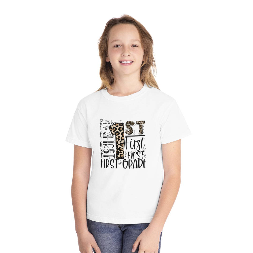 Leopard Print First Grade Youth Tee, Trendy Kids T-Shirt, Back to School Outfit, Gift for First Graders, Fun Learning Apparel
