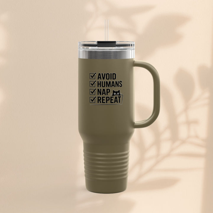Funny Insulated Travel Mug - Avoid Humans Nap Repeat - 40oz, Coffee Cup, Gift for Introverts, Travel Mug, Holiday Present