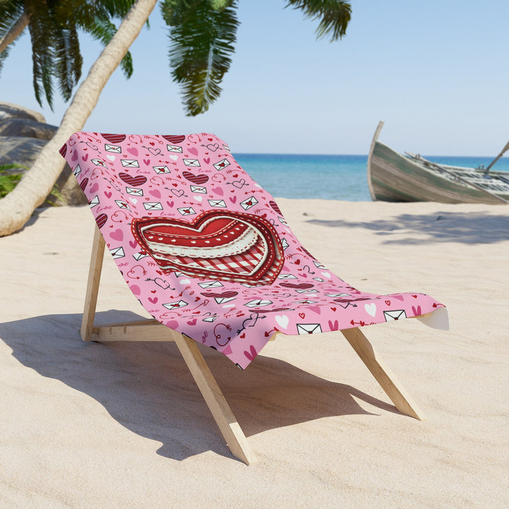 Heartfelt Beach Towel, Vibrant Pink Towel for Summer, Perfect for Relaxing, Pool Parties, Valentine's Day Gift, Heart Design Towel
