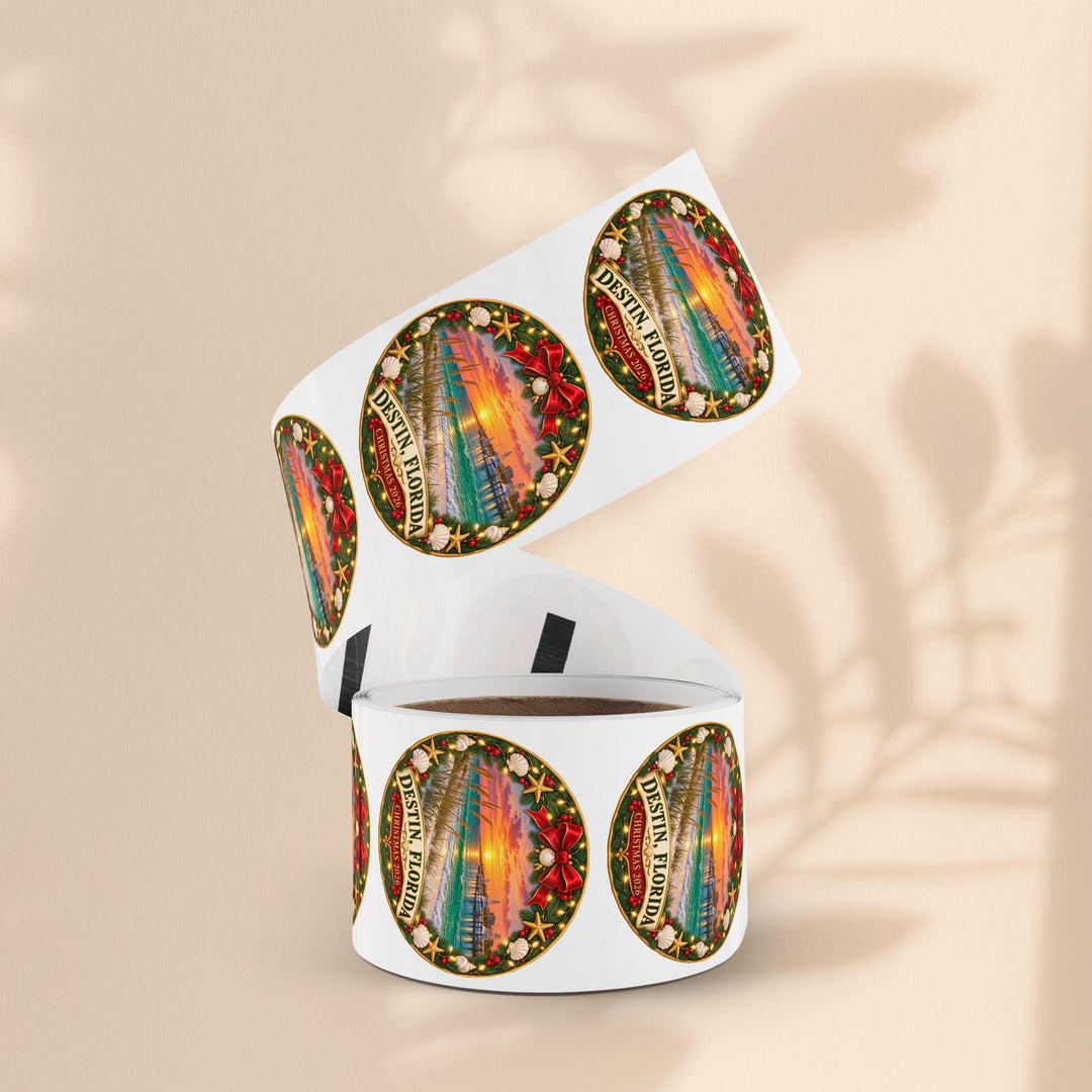 Destin, Florida Christmas Round Sticker Rolls – Holiday Beach Sunset Labels (Pack)