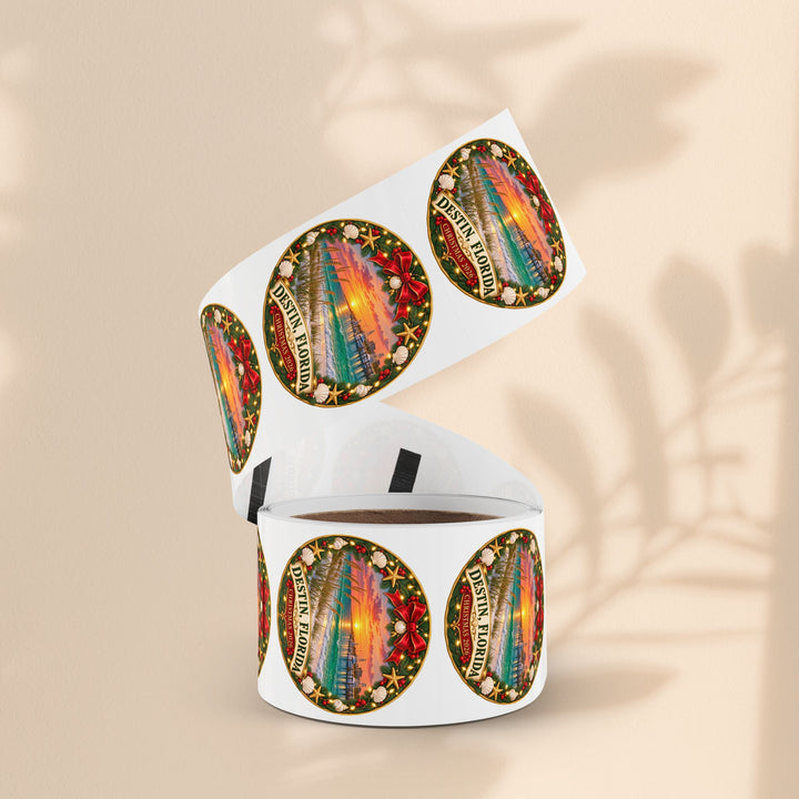 Destin, Florida Christmas Round Sticker Rolls – Holiday Beach Sunset Labels (Pack)