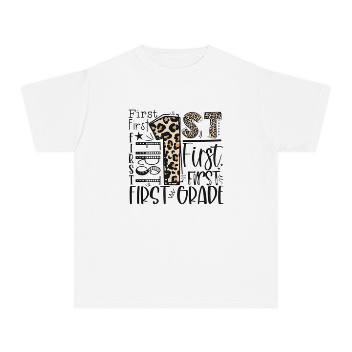 Leopard Print First Grade Youth Tee, Trendy Kids T-Shirt, Back to School Outfit, Gift for First Graders, Fun Learning Apparel