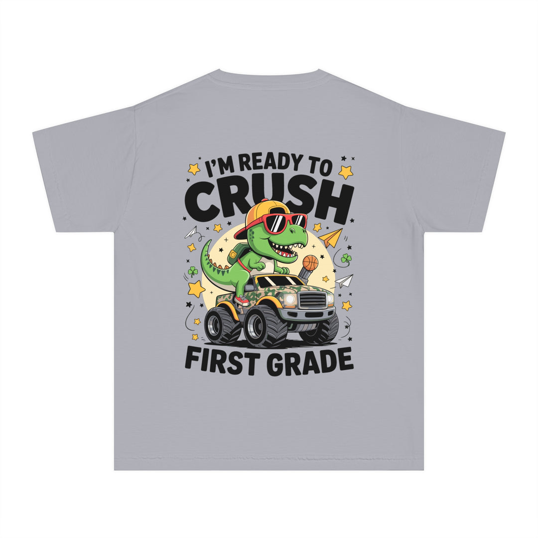 Youth Midweight Tee, Fun Dino T-Shirt, First Grade Shirt, Kids Birthday Gift, Back to School Apparel, Cute Graphic Tee, Dinosaur Print
