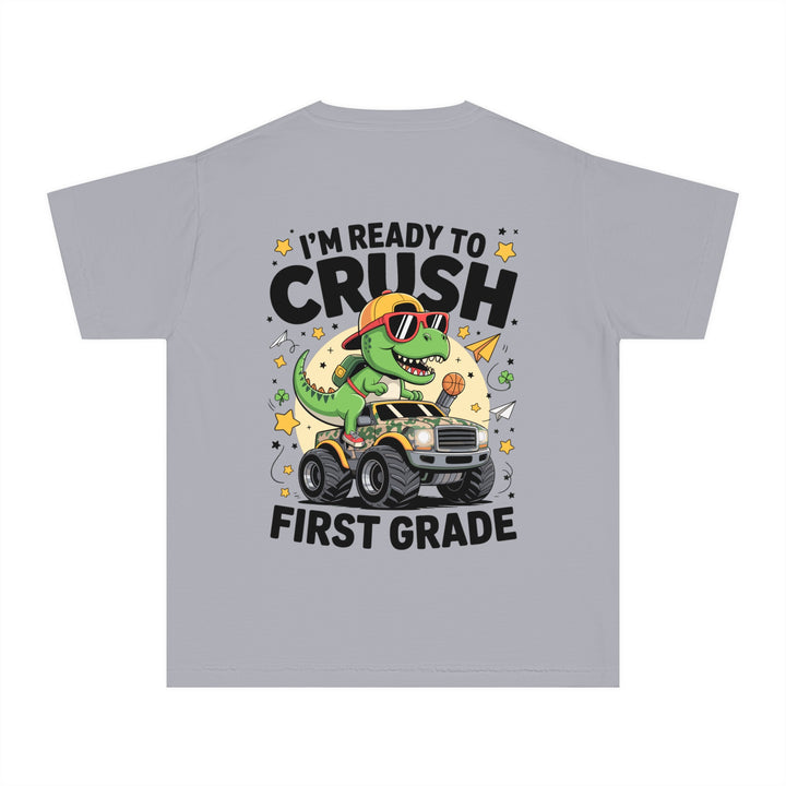 Youth Midweight Tee, Fun Dino T-Shirt, First Grade Shirt, Kids Birthday Gift, Back to School Apparel, Cute Graphic Tee, Dinosaur Print